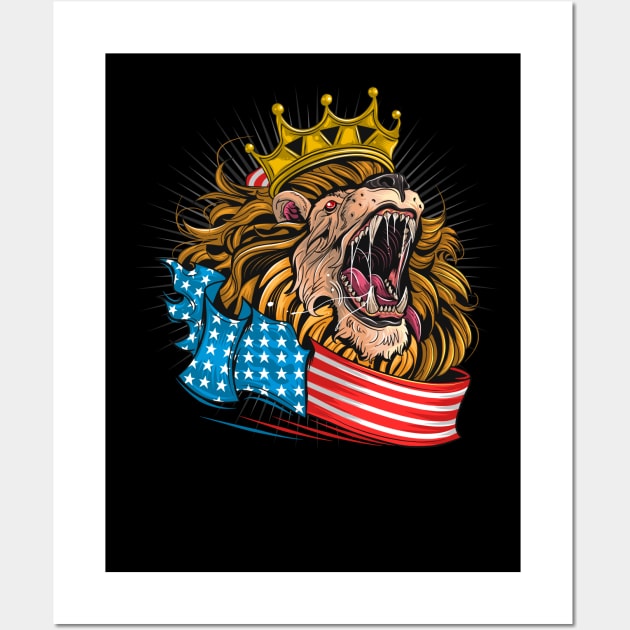 King lion of america with usa flag Wall Art by Metaart